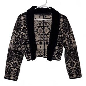 Vintage Tapestry Geometric Aztec Print Open-Front Cropped Jacket